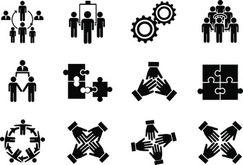 Fototapeta premium Business teamwork and partnership silhouette icons set for companies and organizations