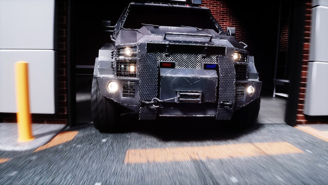 An swat police driving fast on a city street. 3d rendering.