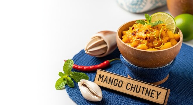 Vibrant Mango Chutney with Lime and Chili in Calabash Bowl with Left Copy Space
