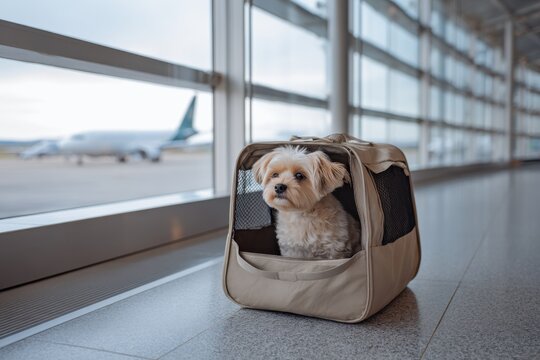 small fluffy dog sitting inside a soft travel carrier placed on the airport floor beside large terminal windows with airplane visible outside