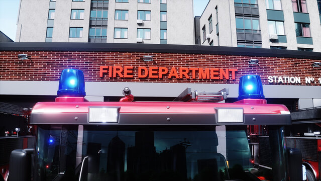 fire truck near the fire station. Fire department. 3d rendering.