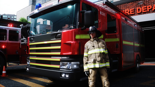 fire fighter and fire truck near the fire station. Fire department. 3d rendering.