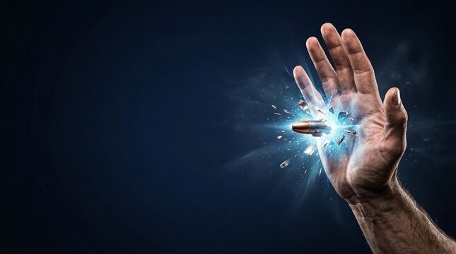 Powerful hand stopping a flying bullet with blue energy glow to represent invincibility, ultimate protection, and superhuman strength against danger.