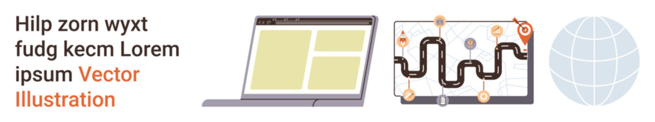 Navigation, travel, online mapping, global connectivity, logistics, internet technology. Laptop with open screen, map with route and pins globe icon. Navigation and travel conceptual theme © robu_s