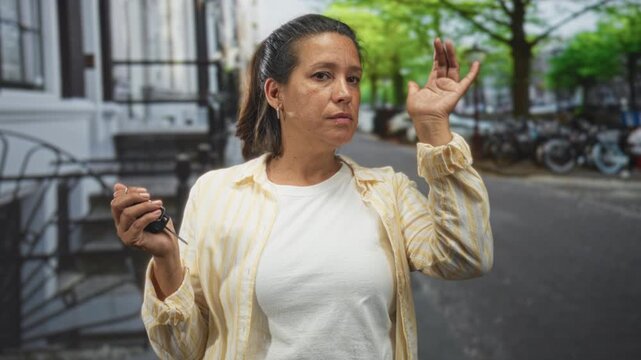Woman holding car keys and touching forehead on a street lined with parked bicycles and townhouses; concern searching.