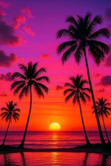 Obraz premium Tropical Sunset with Silhouette Palm Trees on the Beach Ocean Horizon