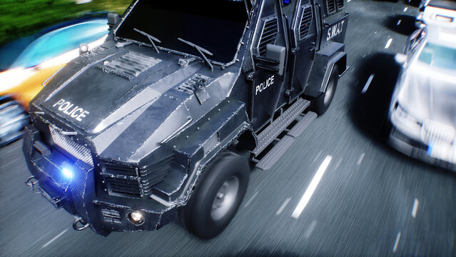 An swat police driving fast on a city street. 3d rendering.