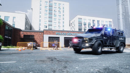An swat police driving fast on a city street. 3d rendering. © 3D motion