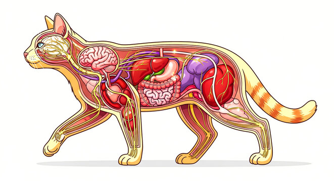 Detailed anatomical illustration of a domestic cat's internal organs and nervous system, showcasing biology for veterinary education and animal health concepts