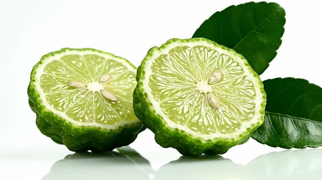 Fresh Kaffir limes cut in half with green leaves