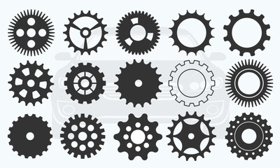 Mechanical gear wheels set, industrial cogwheel silhouettes collection