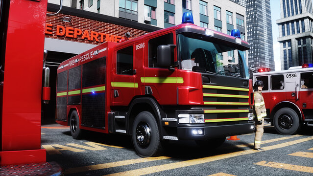 fire fighter and fire truck near the fire station. Fire department. 3d rendering.