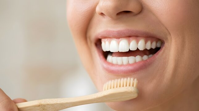 Woman with white teeth holding eco friendly bamboo toothbrush for sustainable dental hygiene routine