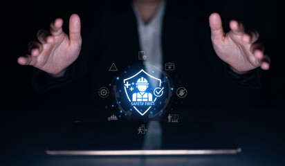 Concept of occupational health and safety. A 'Safety First' policy ensures worker protection...