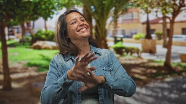 Woman smiling with hands raised, waving on a sunny street lined with trees and buildings, casual denim jacket visible; warm joy.