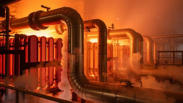 Visible white steam bursts from a safety valve on heat exchanger in an ammonia converter system