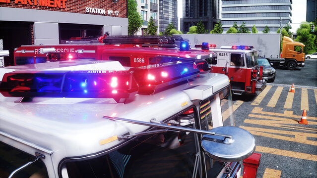 fire truck near the fire station. Fire department. 3d rendering.