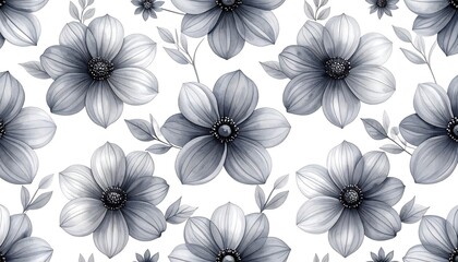 Obraz premium Elegant Watercolor Floral Pattern - Monochrome Flowers on White Background.
