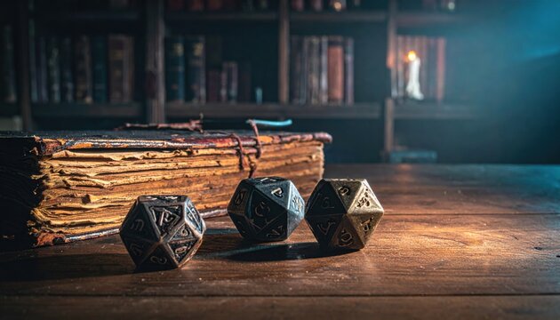 Intricately carved metal polyhedral dice set for tabletop roleplaying games resting on an ancient wooden table near a bookshelf