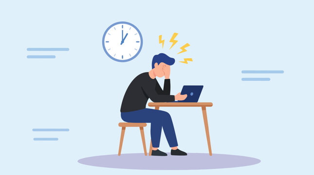 Stressed man working on a laptop overwhelmed by deadlines and pressure