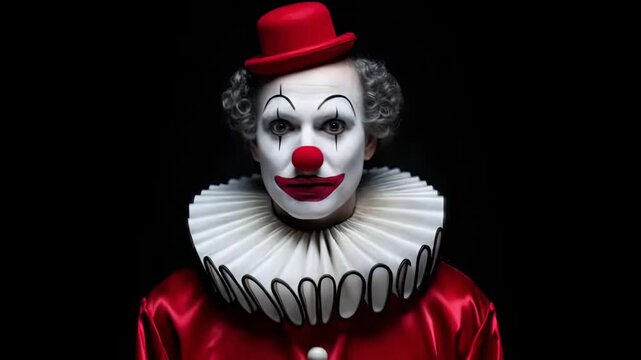 Fast morphing portraits of circus mimes, clowns, and harlequins with dramatic face paint and various costumes.