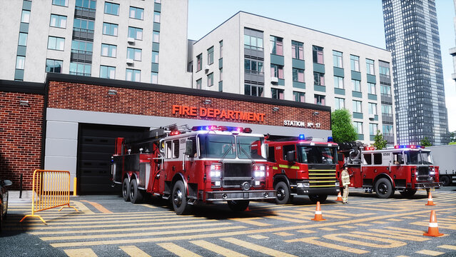 fire truck near the fire station. Fire department. 3d rendering.