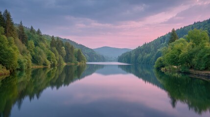 Fototapeta premium Serene Lake Reflection Under Soft Morning Sky with Lush Trees and Gentle Mist in Peaceful Nature Setting