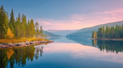 Fototapeta premium Serene Lake Landscape at Dawn with Reflections of Pine Trees and a Calm Water Surface in a Tranquil Natural Setting