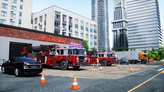 fire truck near the fire station. Fire department. 3d rendering.