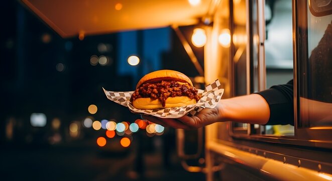  sloppy joe served from food truck window at night