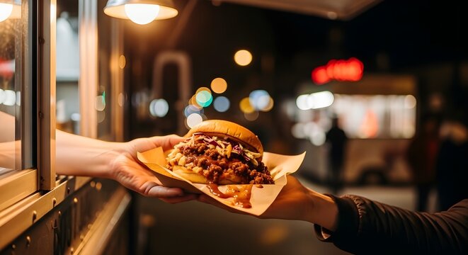  sloppy joe served from food truck window at night