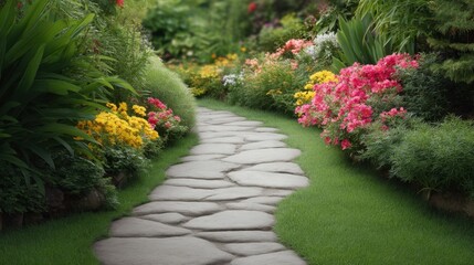 Obraz premium Beautiful Stone Pathway Through Lush Garden Surrounded by Vibrant Flowers and Greenery in Natural Setting