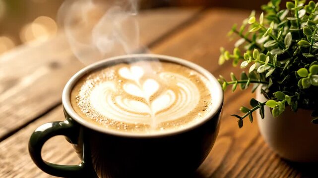 Fresh coffee with latte art on a wooden table with plant beside.