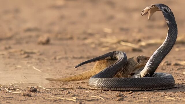 Mongoose moves quickly to attack cobra while snake responds with quick strikes in wild