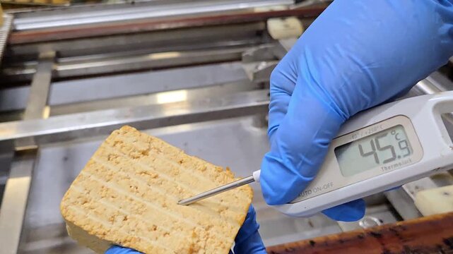 Worker Measuring Temperature of Smoked Tofu Block with Digital Probe on Factory Conveyor