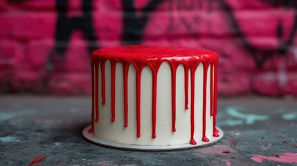 Obraz premium A white frosted cake with vivid red icing dripping down the sides, set against a blurred urban graffiti wall background.
