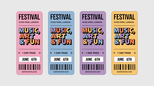 Four brightly colored festival tickets are displayed each announcing music art fun at hyde park london on june 6th high quality professional detailed modern elegant stylish