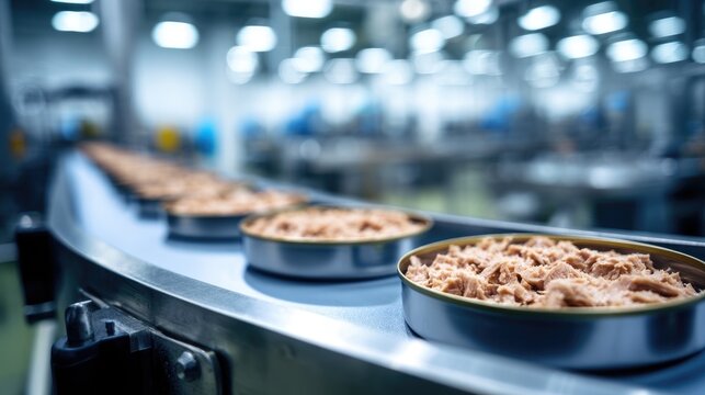 Automated tuna canning process on factory conveyor line in industrial setting