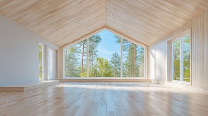 Fototapeta premium Bright and Spacious Interior of Modern Cabin with Large Windows Overlooking a Lush Forest and Clear Blue Sky