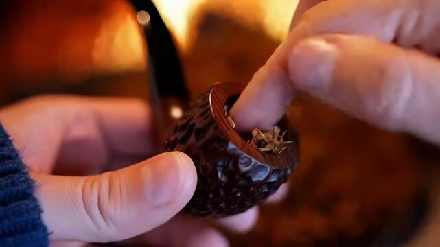 POV showing fingers stuffing dry shredded tobacco into carved briar pipe in a cozy indoor setting