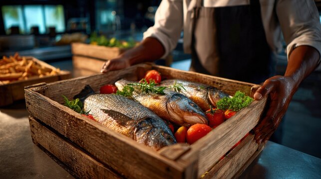 Worker inspects fresh fish with herbs and vegetables in a wooden crate on a stainless steel counter. Ideal for seafood industry and culinary concepts.