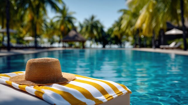 A straw hat sits on a striped beach towel by a crystal-clear pool in a lush tropical resort, evoking relaxation and luxury vacation vibes.