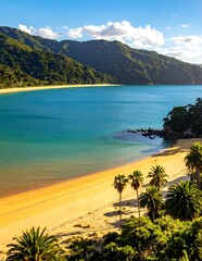 Obraz premium Tropical Paradise - Golden Beach and Turquoise Waters in Abel Tasman National Park.