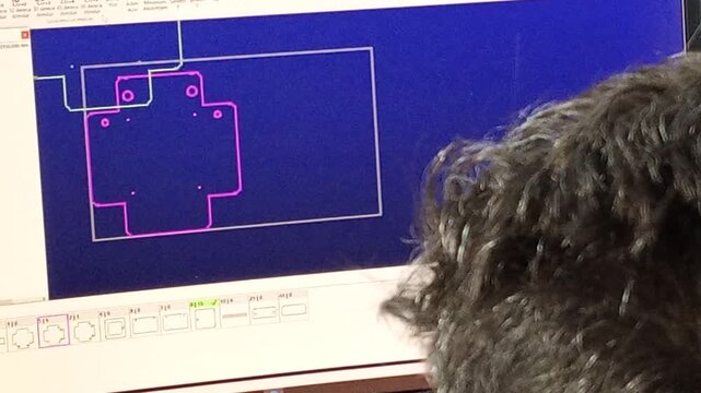 Professional engineer working on a technical CAD software for industrial product design in a factory office environment.