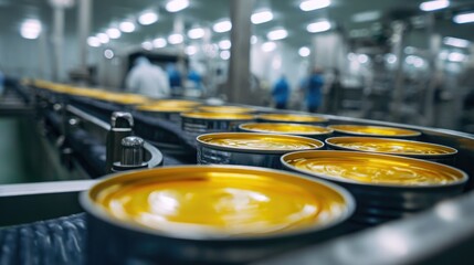 Fototapeta premium Canning factory production line with conveyor belt and food containers