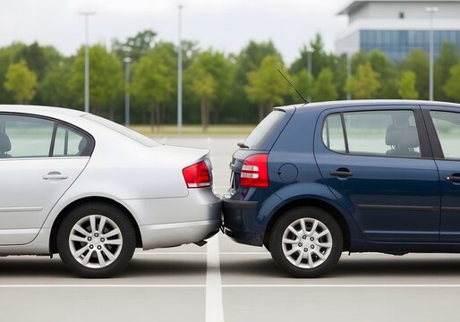 Two cars are parked very close together in a parking lot with trees and buildings in the background