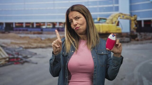 Woman holding pink toothpaste dispenser and pointing index finger in front of a building construction site; skepticism.