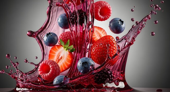 Dynamic Fruit Splash Action, Berries and Strawberries, Studio Setting, Food Photography, Vibrant Environment, Close-Up View, Sensory Experience