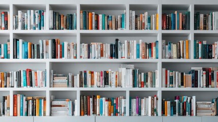 Colorful books on white shelves in a neatly organized library collection