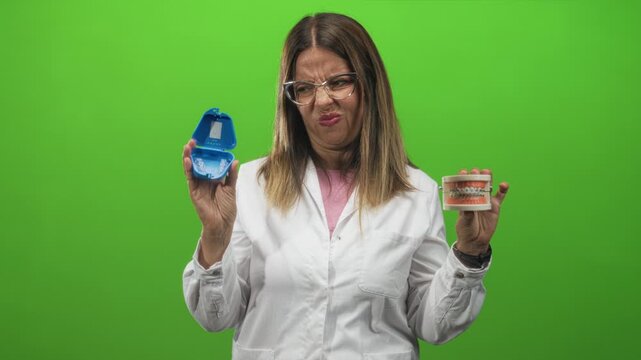 Woman dentist holding clear aligner case and dental model while grimacing and demonstrating aligner use in studio; skepticism.
